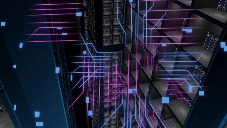 Animation of circuit board and digital data processing over computer servers