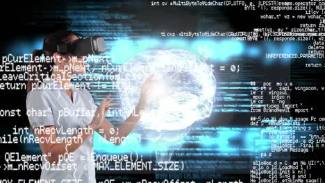 Animation-of-data-processing-over-female-doctor-wearing-vr-headset-and-human-brain