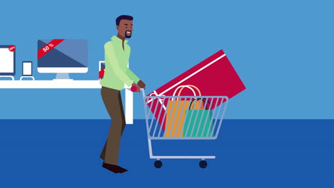 man shopping with a large gift card in a shopping cart