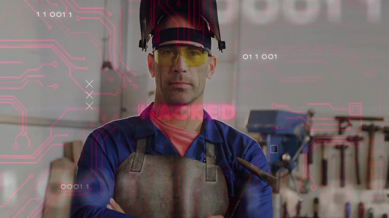 Flare fading revealing welder holding torch circuits over HACKED text flickering showing shop hack