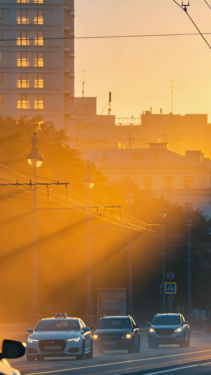 Vídeo vertical: Carros em movimento se aproximando da câmera em uma estrada urbana com luzes, sob o sol baixo.