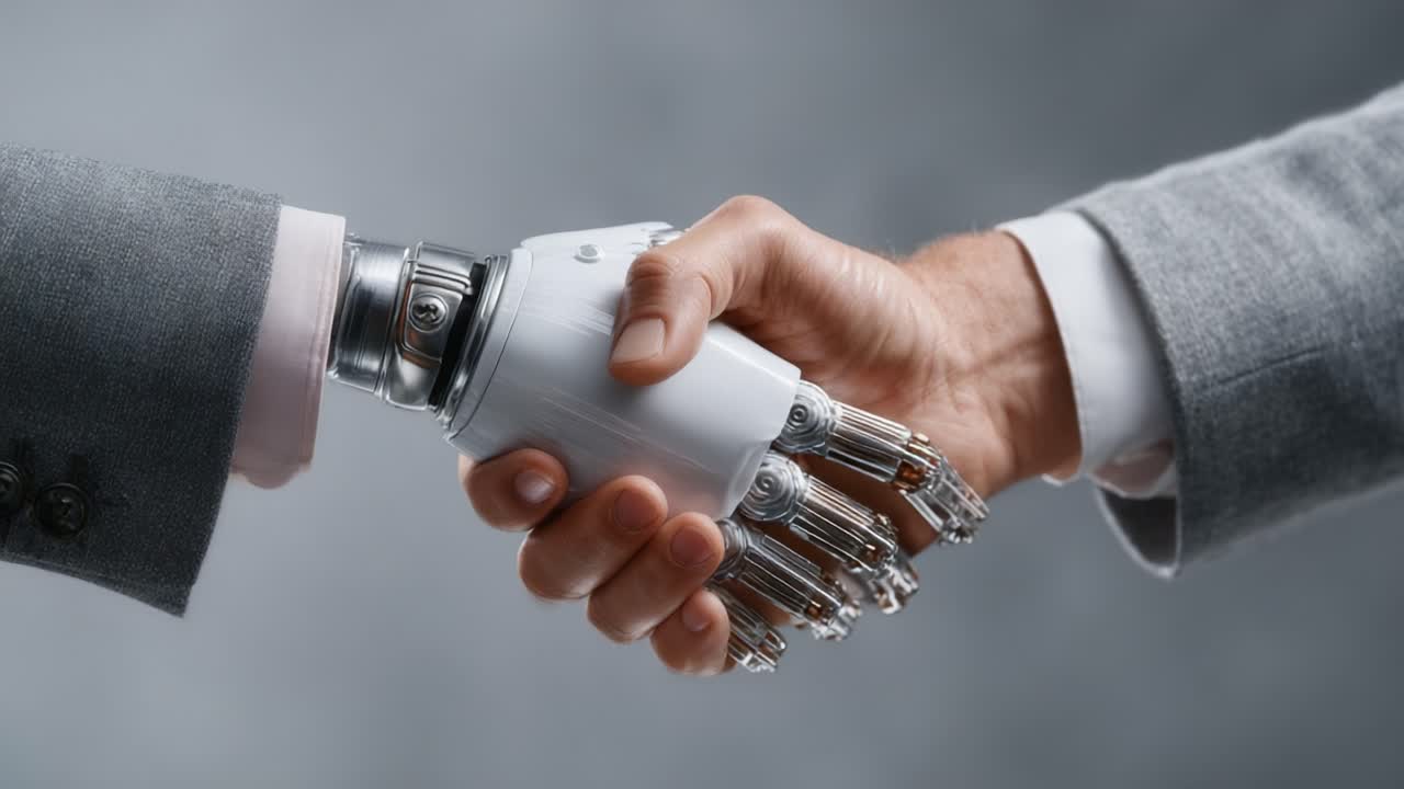 A Pioneering Moment: The Symbolic Gesture of a Human and Robotic Handshake Reflecting the Convergence of Technology and Humanity in Modern Society