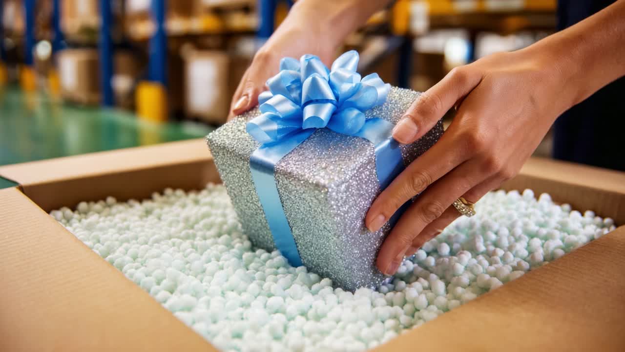 Preparing a Beautiful Silver Gift Box for Shipping, Adorned with Sky Blue Ribbon and Bow, Nestled in Protective Packaging Foam in a Warehouse Environment