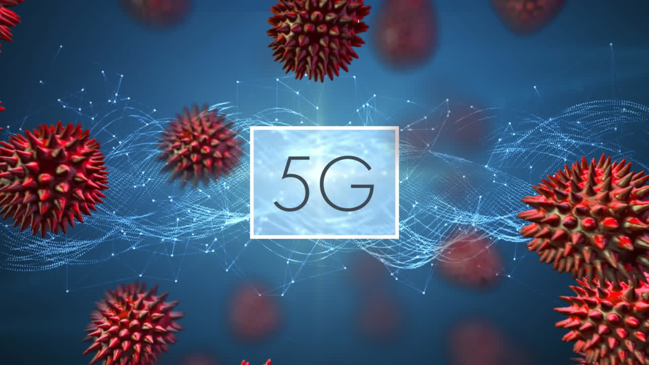 Animation of 5G written over coronavirus cells spreading on blue background.