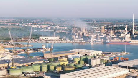 Drone-view-of-industrial-and-port-area-of-Ravenna,production-district-is-made-up-of-a-chemical-and-petrochemical-pole,-thermoelectric-and-metallurgical-plants