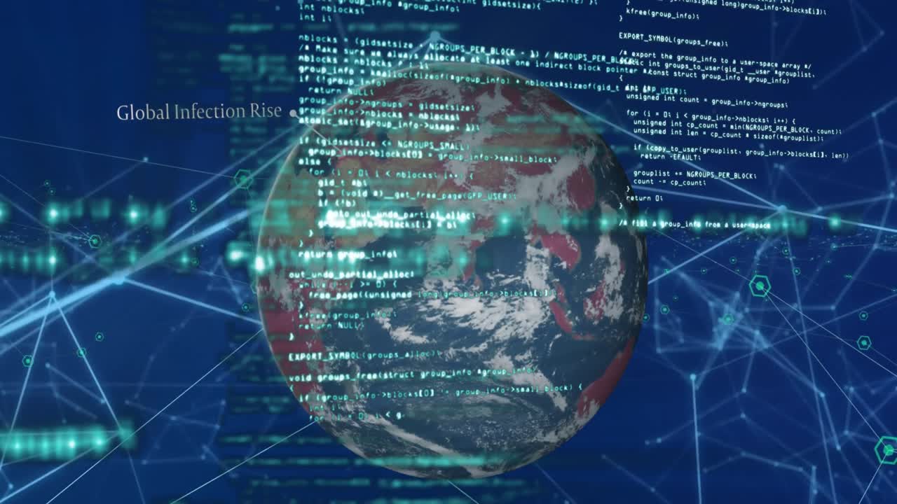 Animation of network of connections and data processing over globe against blue background