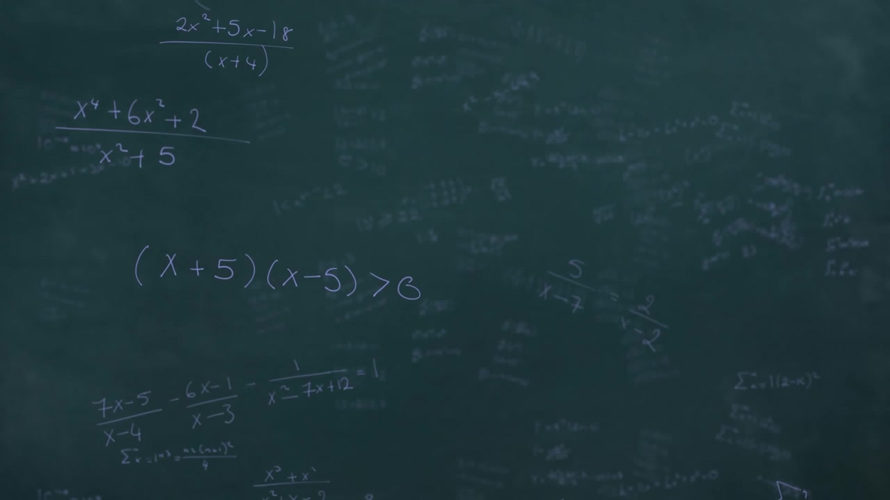 Animation of mathematical equations falling against black chalk board