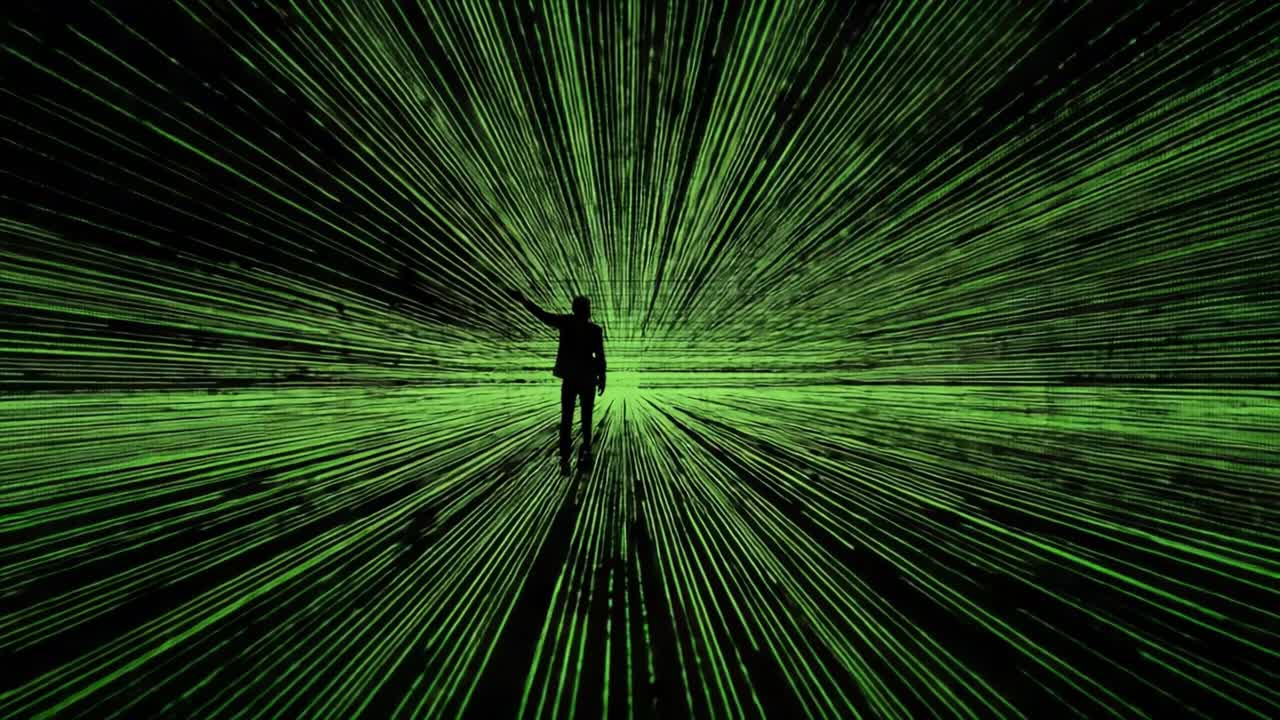 A solitary figure stands amidst a dynamic cascade of glowing green lines that radiate outward, creating an illusion of depth and movement in an abstract digital landscape, evoking themes of technology and perception