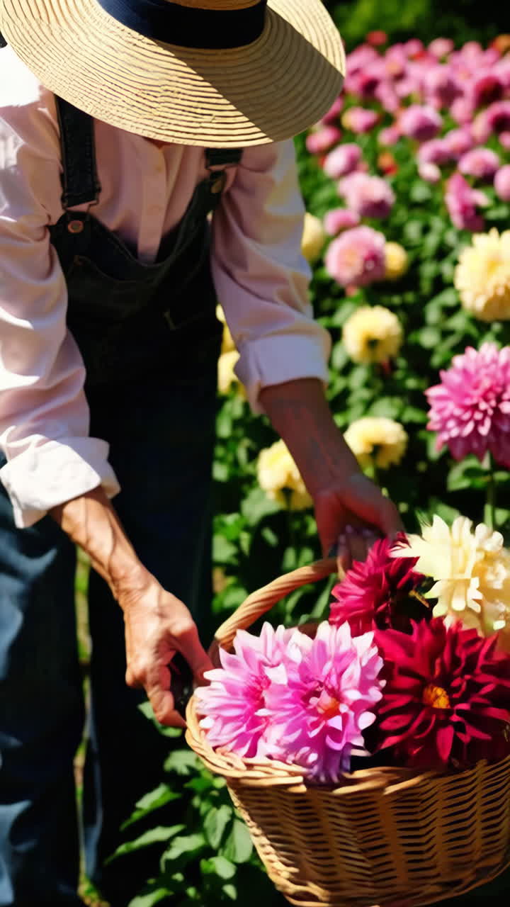 Person Harvesting Colorful Dahlias into a Basket