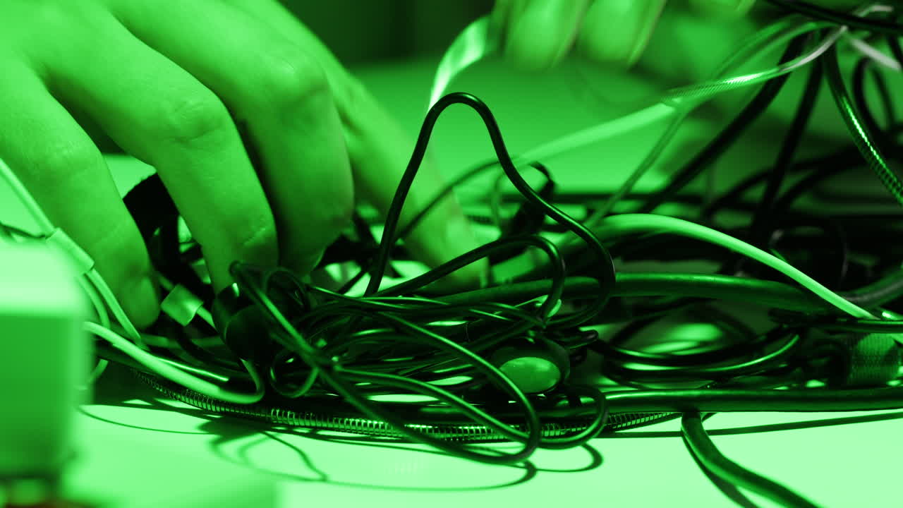 Young woman trying to untangle many various of wires close-up. Tangled wires and cables on table. Trying to untangle many messy and chaos cables