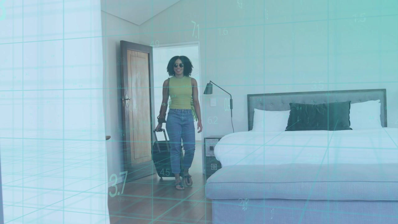 Woman entering doorway pulling suitcase scanning, arriving hotel, animated icons tracing path