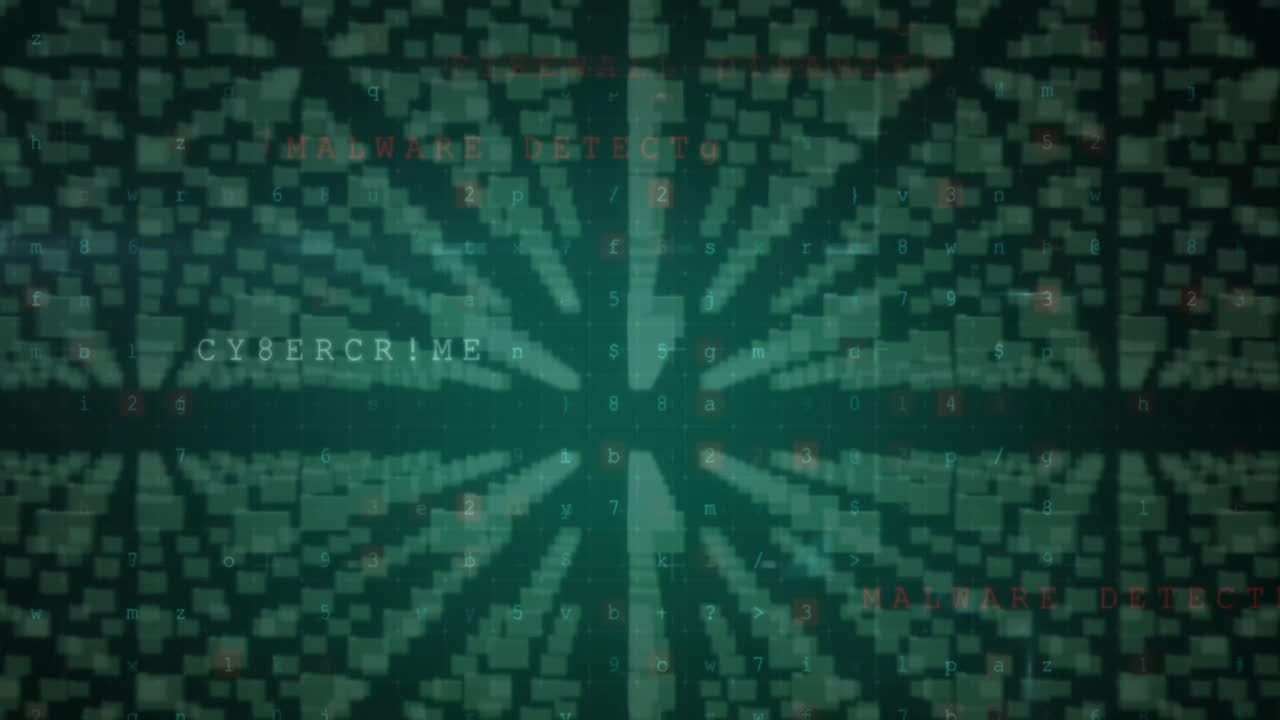 Animation of cyber attack warning text, padlock and data processing over circuit board