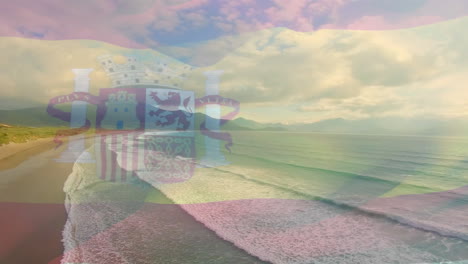 animation of flag of spain blowing over beach seascape