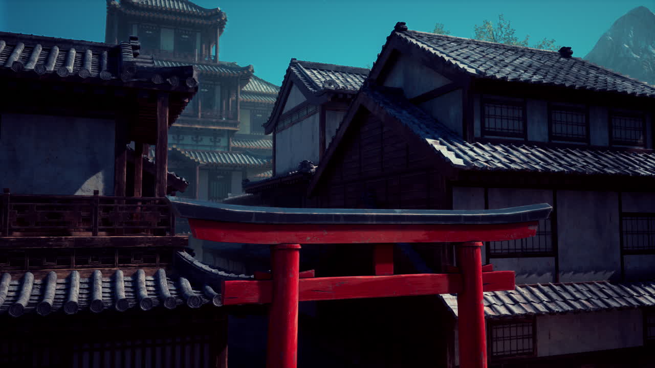 un pueblo japonés tradicional con una puerta torii
