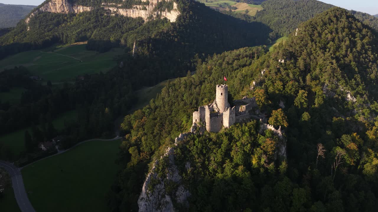Neu Falkenstein Castle ruin, Balsthal, Solothurn in Switzerland. Aerial drone video