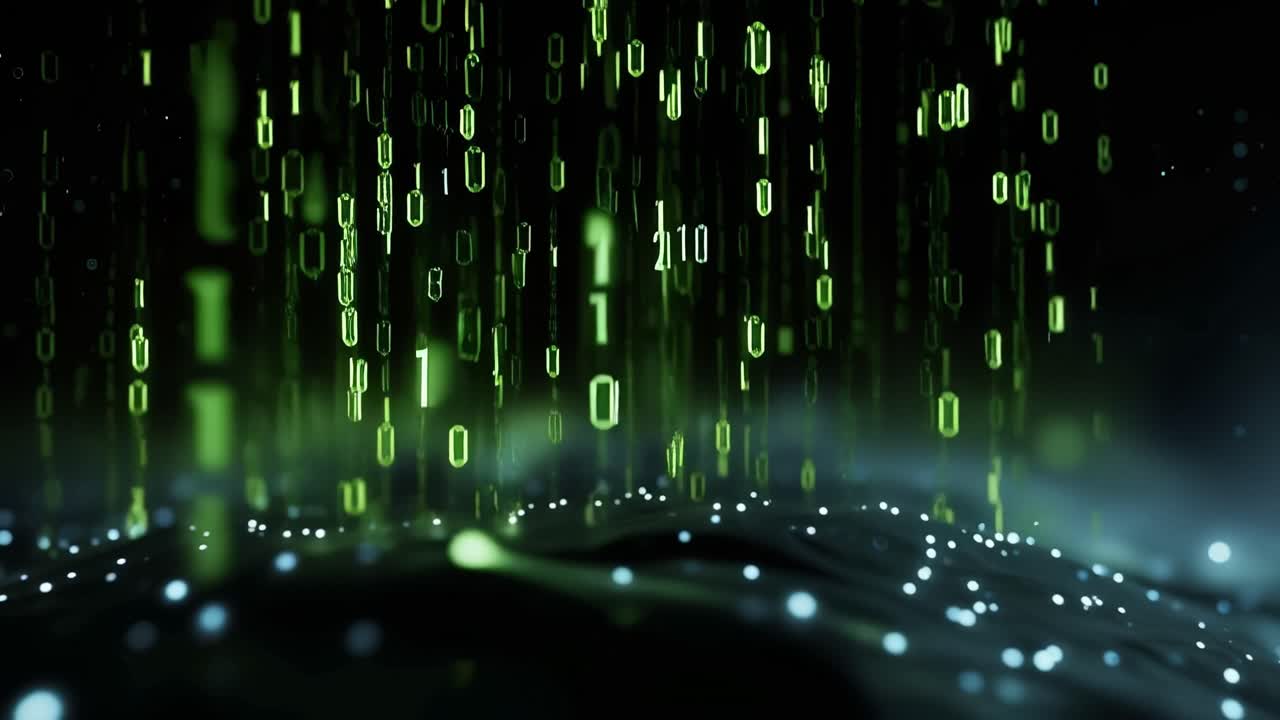 Dynamic Visualization of Binary Code Representation in a Futuristic Digital Environment, Showcasing Streams of Green Numbers Against a Dark Background