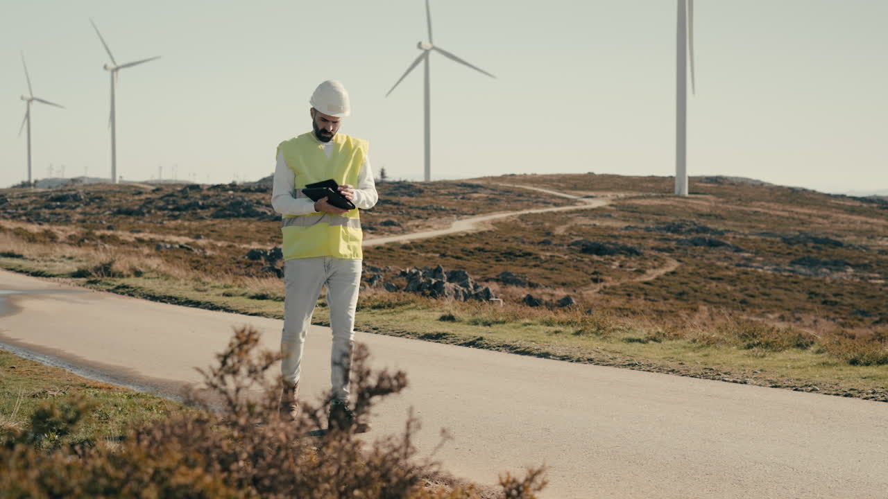 A wide shot of a renewable energy engineer in a reflective vest walking on a field of renewable energy generators, using a tablet to inspect wind turbines, showcasing the role of technology