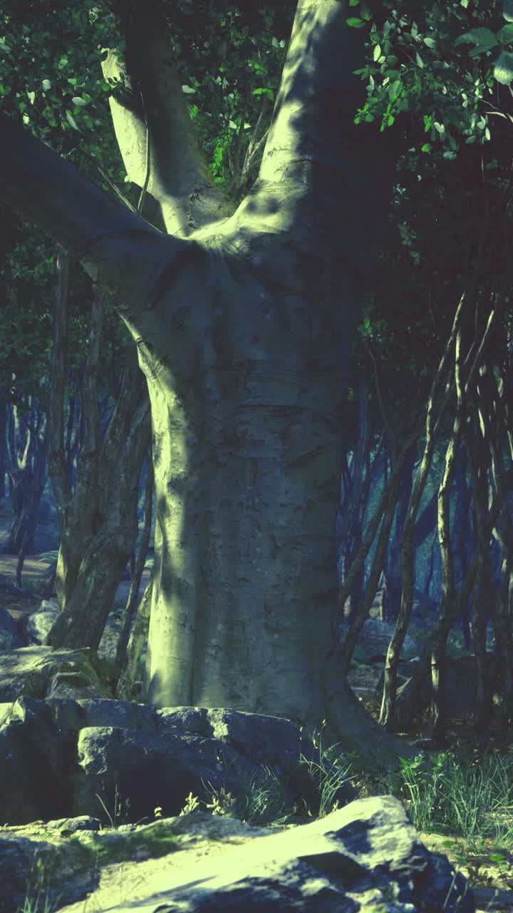 Mysterious forest under moonlight reveals ancient roots and tranquil stillness