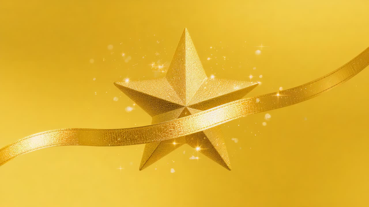 Entering from left metal ribbon gliding across gold star in studio revealing points with sparkles
