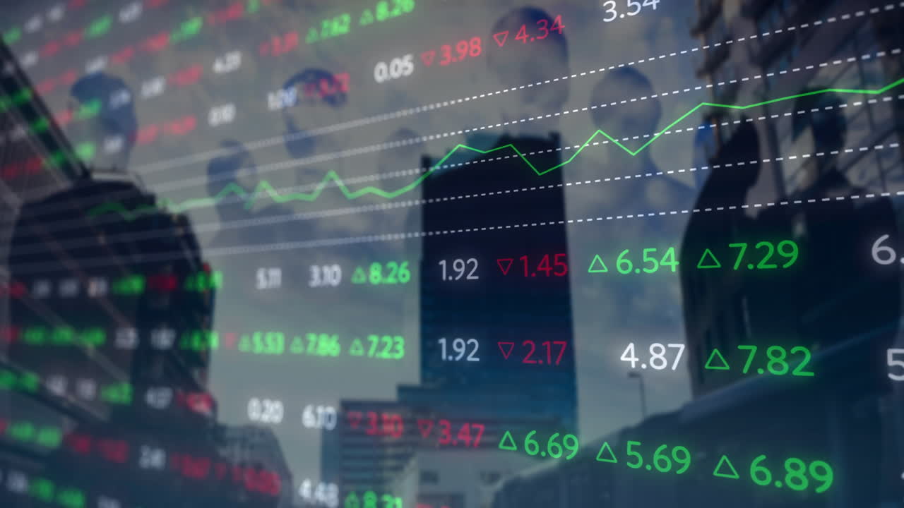 animación de diagramas y mercado de valores sobre personas de negocios y paisaje urbano