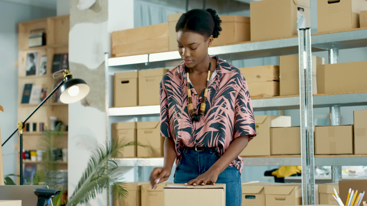 joven diseñadora afroamericana envolviendo un paquete y cerrando una caja con cinta adhesiva mientras prepara el pedido en una tienda de ropa de moda