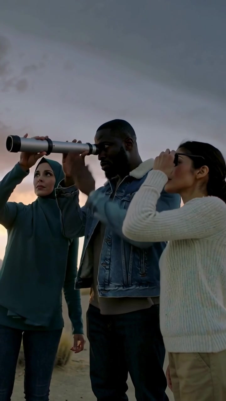 Video verticale: Uomo che alza un cannocchiale, trio che allinea un tubo al tramonto nel deserto, donna con hijab verde acqua che osserva.