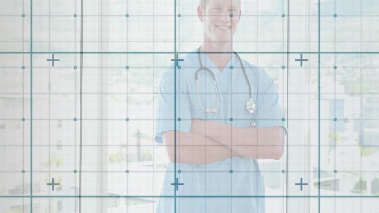 Mannelijke zorgprofessional in operatiekleding en met stethoscoop staat in kliniek, met rasteroverlay.