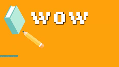 Animation-Von-Wow-Text-Und-Bleistift-Schulsymbolen-Auf-Orangefarbenem-Hintergrund
