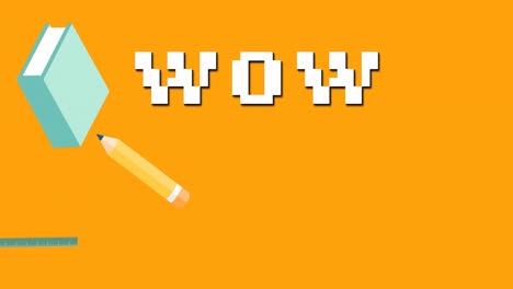 오렌지색 배경에 와우 텍스트와 연필 학교 아이콘의 애니메이션