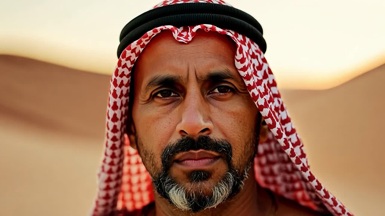 Bedouin man with a headscarf is posing in the desert. He has a beard and a mustache. The background is a blurred desert landscape