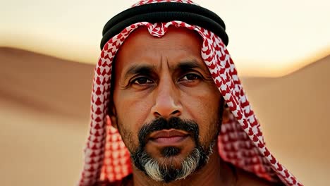 bedouin man with a headscarf is posing in the desert. he has a beard and a mustache. the background is a blurred desert landscape