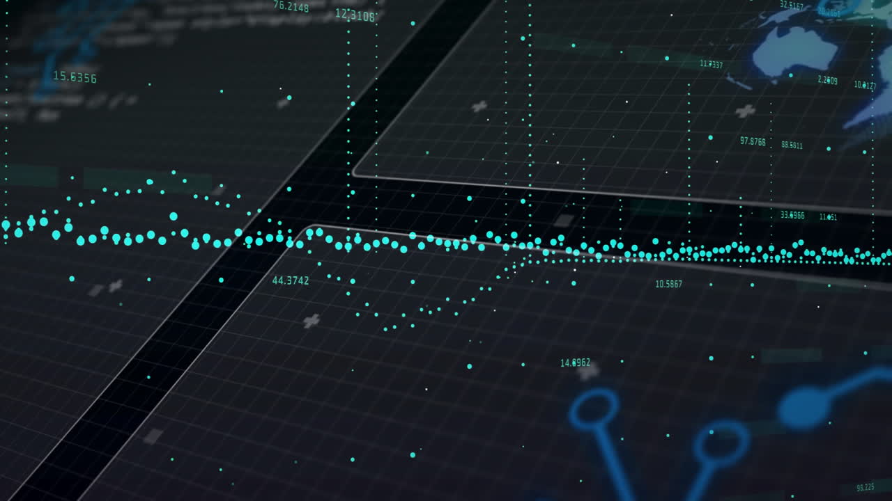 Illustrating financial trends, animation showing data points and graphs on dark grid
