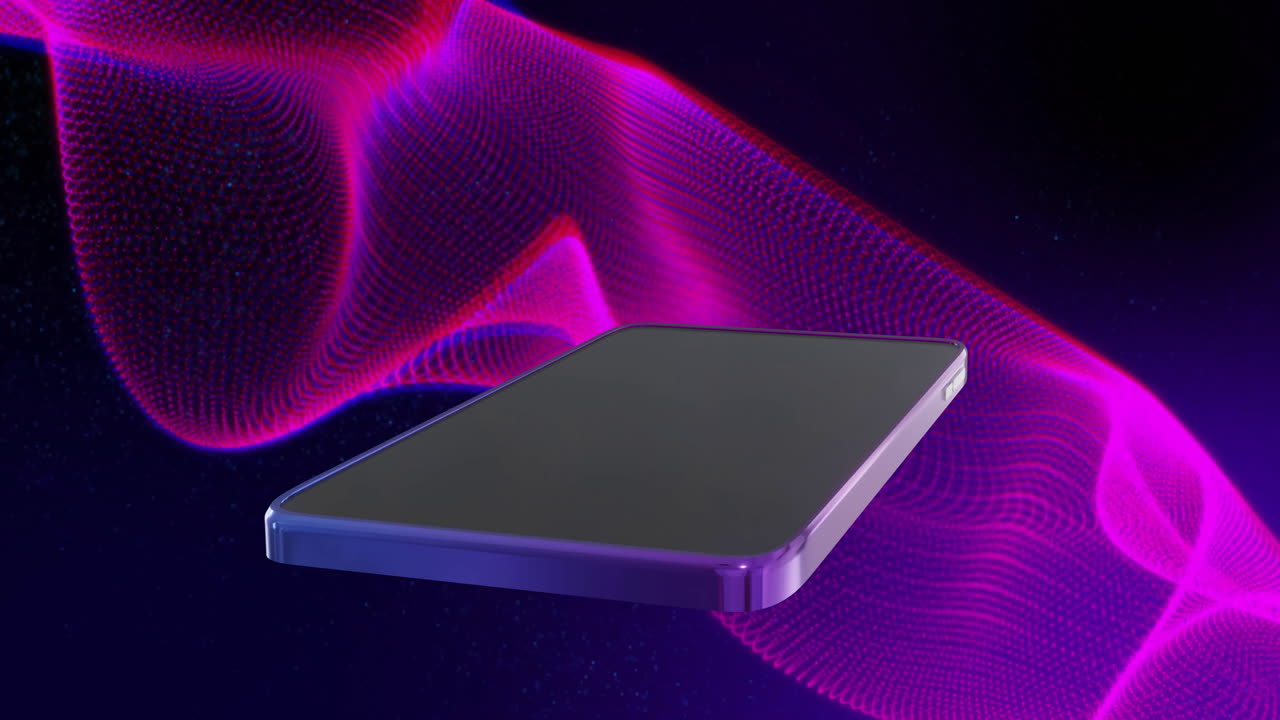 Animation of smartphone over purple shapes on black background