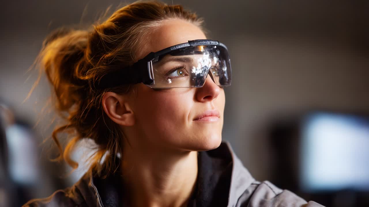 A Thoughtful Reflection on Innovation: A Woman Wearing High-Tech Glasses in a Modern Environment, Capturing the Essence of Future Technology and Its Impact on Everyday Life