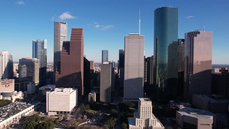 Drone-Shot,-Downtown-Houston-Skyline,-Texas-USA