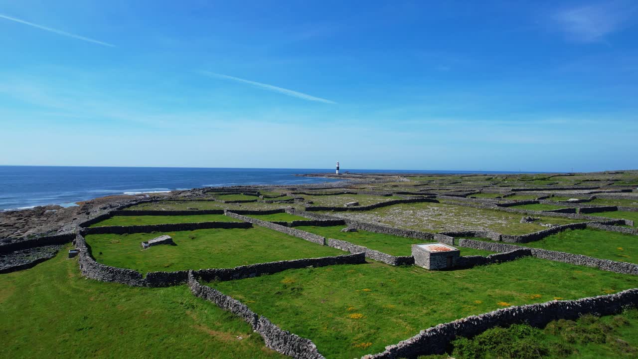 Inisheer Aran islands Ireland flying slow over rocky walls to lighthouse dramatic wild landscape and epic location Wild Atlantic Way