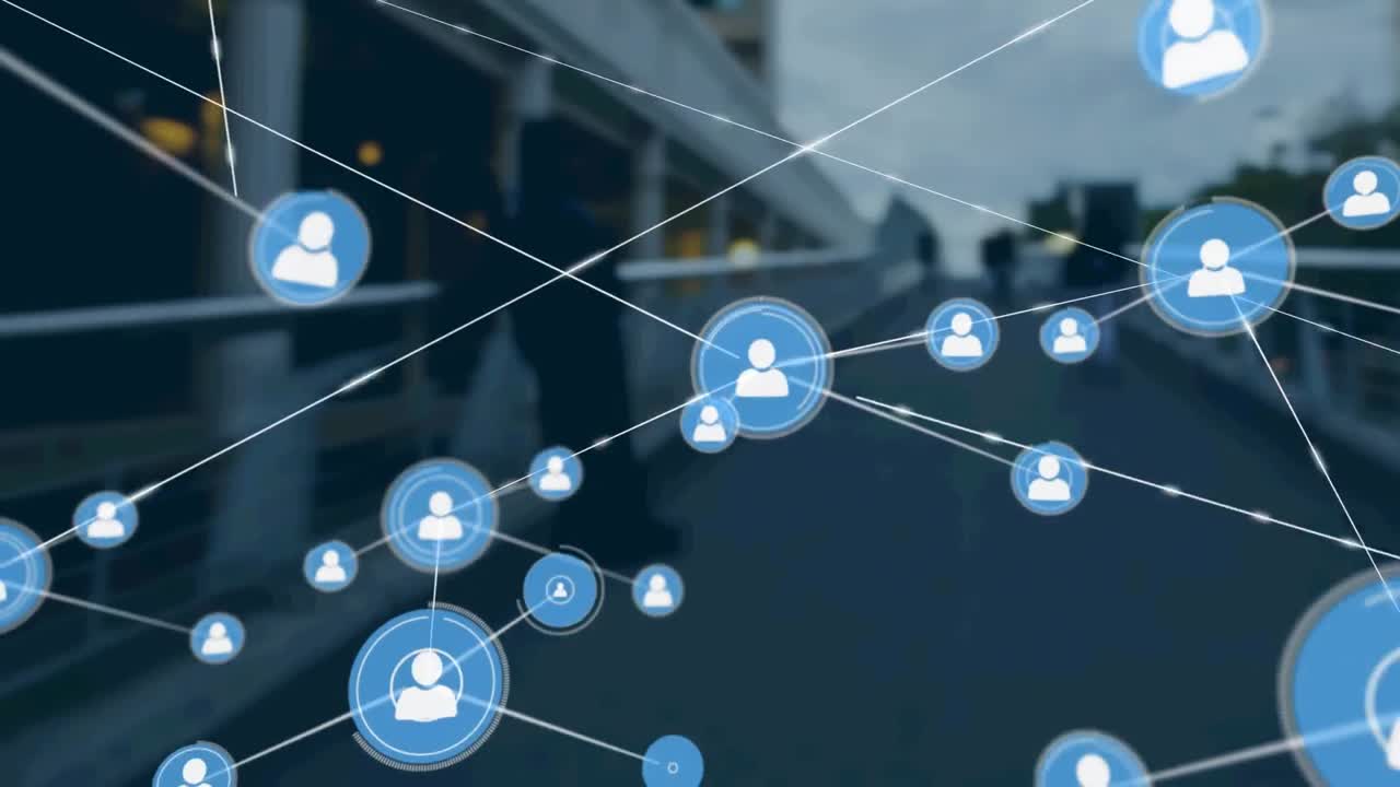 animación de la red de conexiones con iconos sobre el edificio moderno