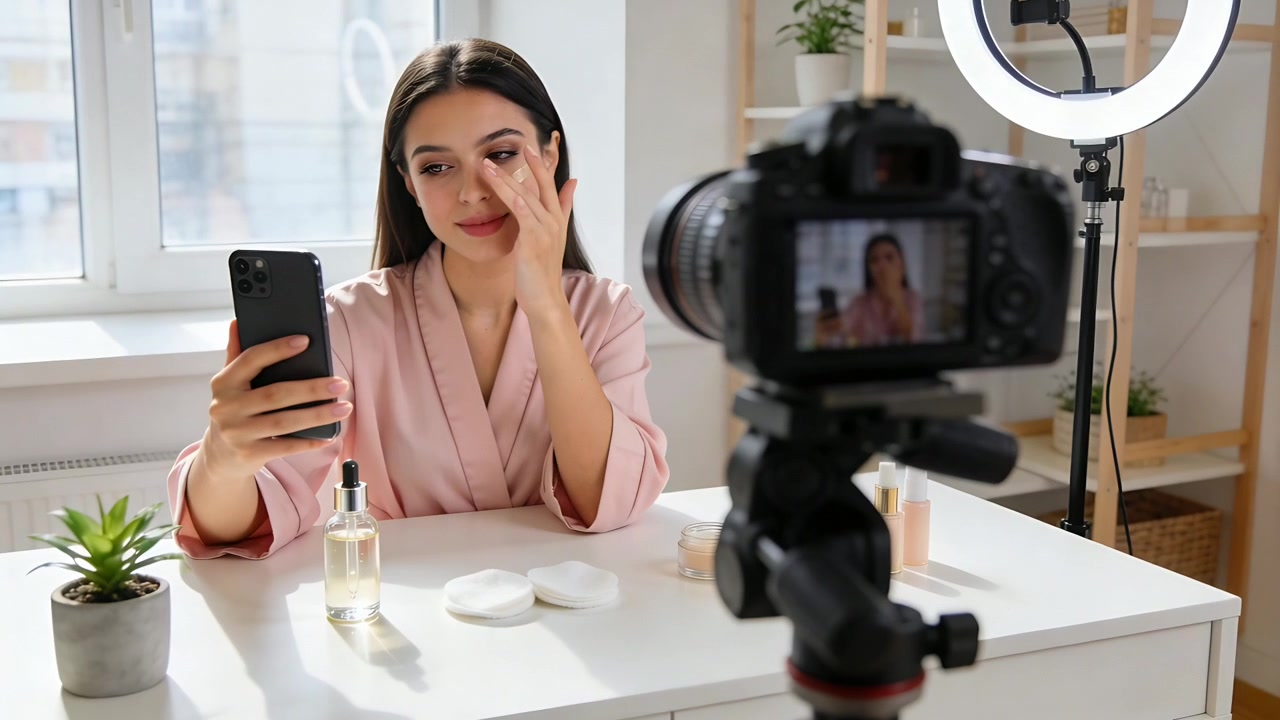 Consulting smartphone, pink-robed woman demonstrating skincare at desk by window, filming on DSLR
