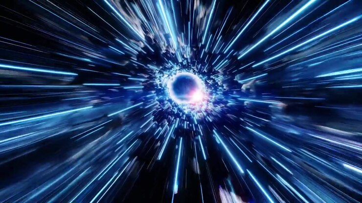 Concetto video dinamico con un tunnel di scie luminose blu