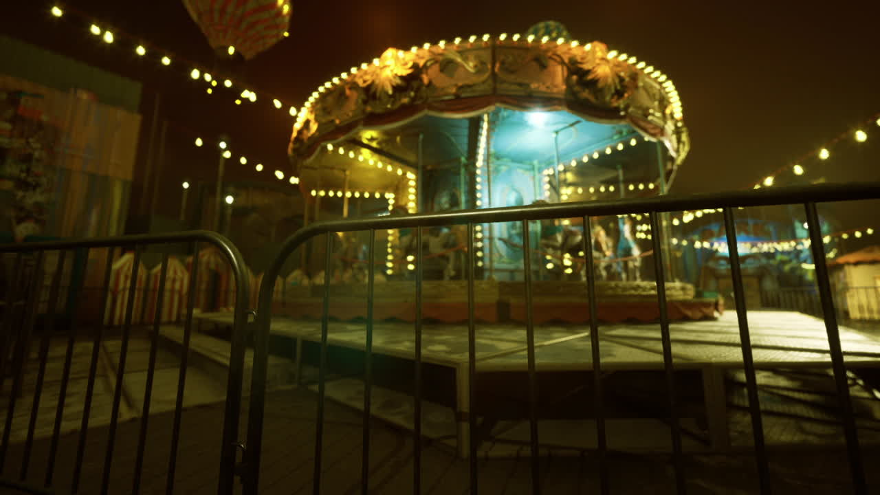 Lonely carousel bathed in evening glow abandoned ride under warm lights at dusk