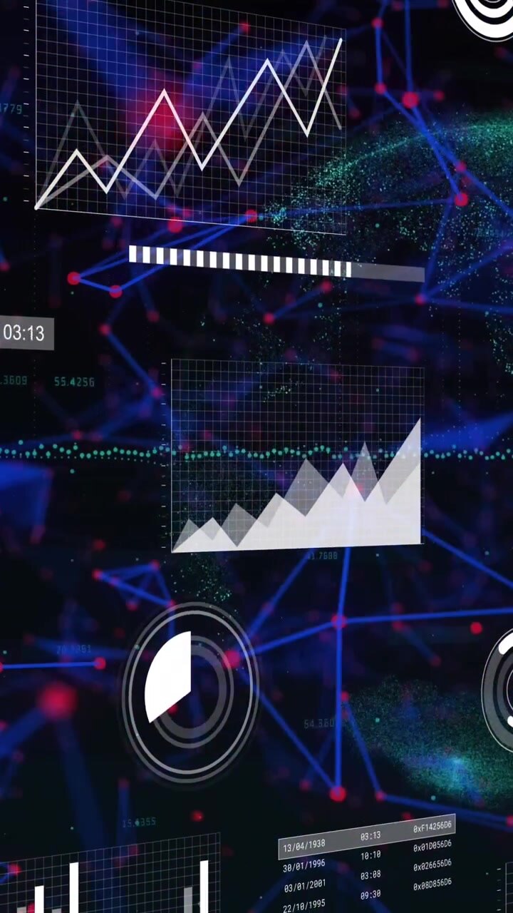 Animation of graphs, loading circles and graphs over connected dots and globe on black background
