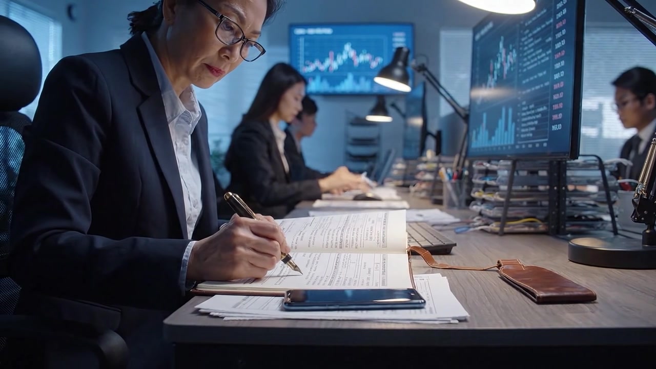 Entorno de oficina profesional con individuos concentrados analizando datos y completando tareas en un espacio de trabajo moderno con múltiples monitores y documentos.