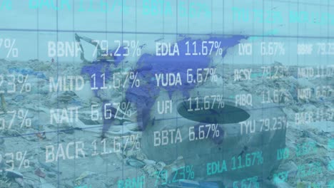 Digital-composite-video-of-stock-market-data-processing-over-world-map-against-landfill