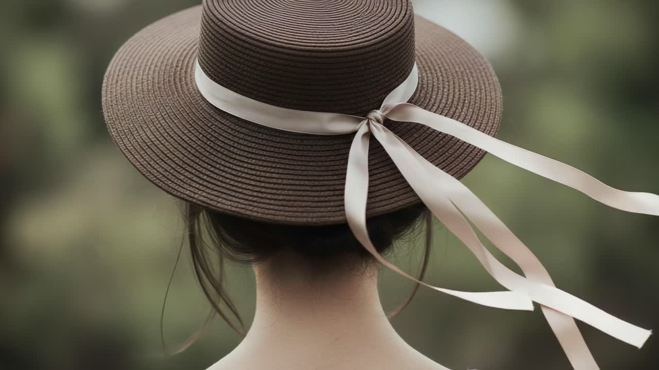 A Serene Back View of a Woman in a Brown Hat with Ribbons, Capturing the Essence of Tranquility and Nature in a Beautiful Outdoor Setting
