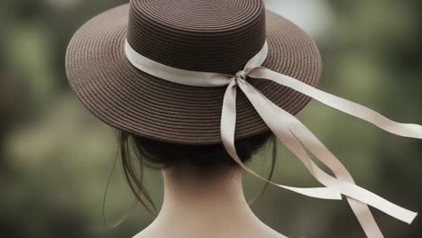 a serene back view of a woman in a brown hat with ribbons, capturing the essence of tranquility and nature in a beautiful outdoor setting