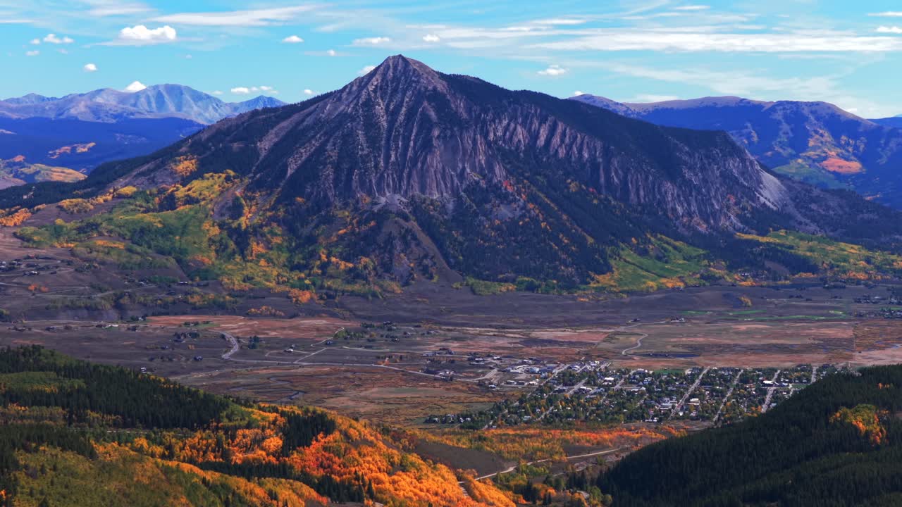 Mount Crested Butte Colorado drone aerial fall Elk Range Rocky Mountains Crested Butte ski resort town autumn Quaking colorful Aspen Trees blue skies clouds Coal Creek Kebler Pass parallax circle left