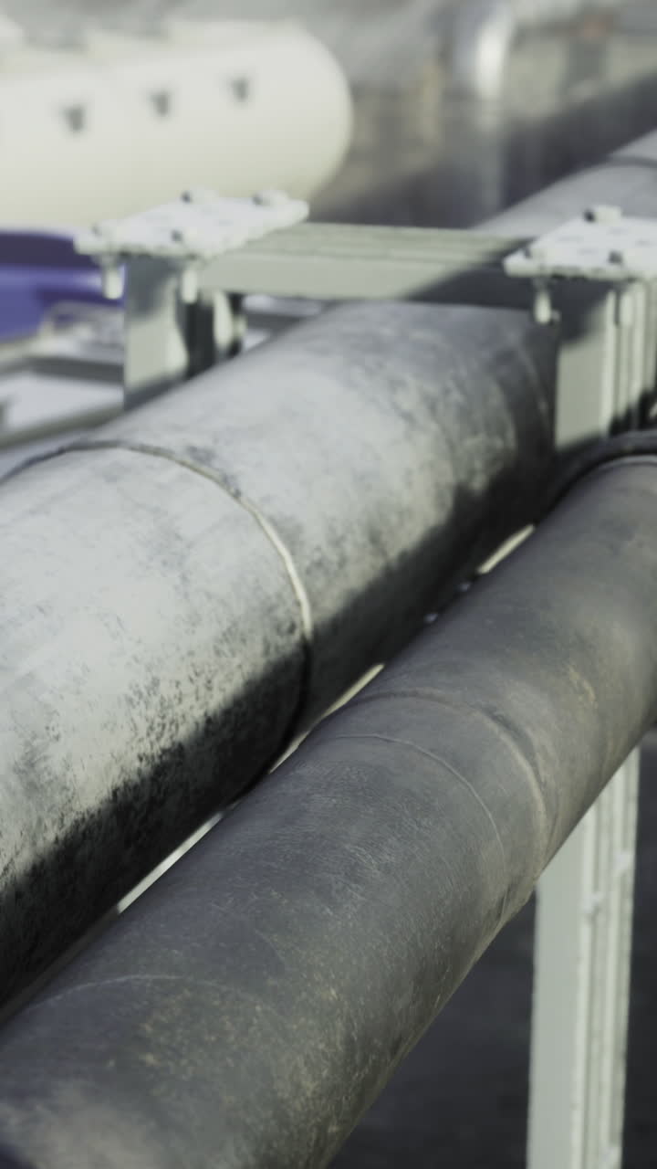 Grandi tubi metallici collegati in un impianto industriale presso una struttura di lavorazione