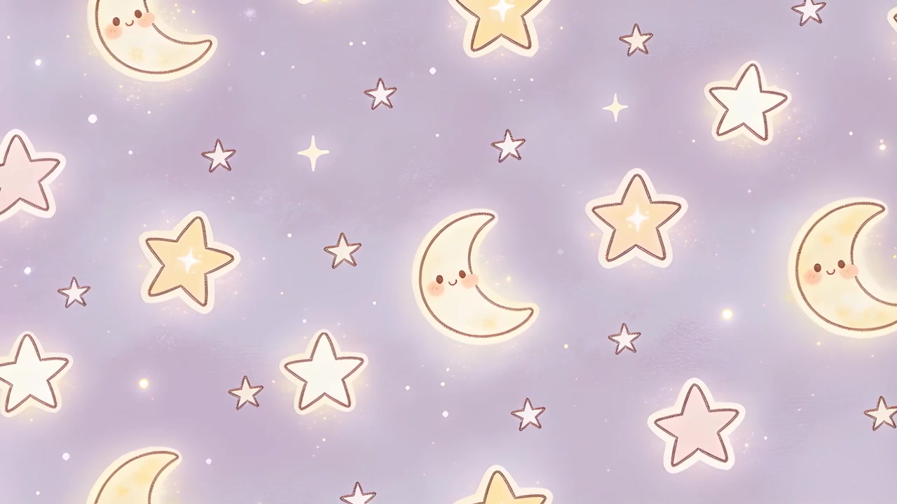 Looping smiling crescent moons and five-point stars drifting across lavender backdrop, with halos