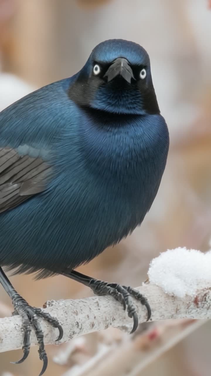 Primo piano accattivante di un merlo vivace appollaiato su un ramo, che mette in mostra il suo piumaggio sorprendente e le sue caratteristiche oculari uniche per gli appassionati della natura.