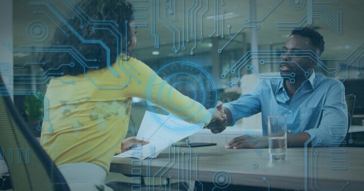 Woman holding docs leaning, initiating handshake, man reaching, shaking, closing deal, tech overlay